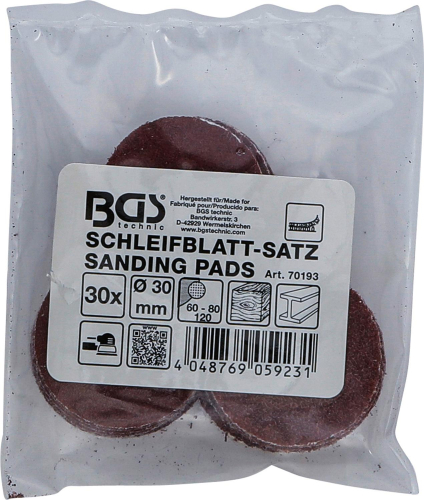 Schleifblatt-Satz für Exzenterschleifer | Ø 30 mm | K 60 - 80 - 120 | 30-tlg. BGS 70193