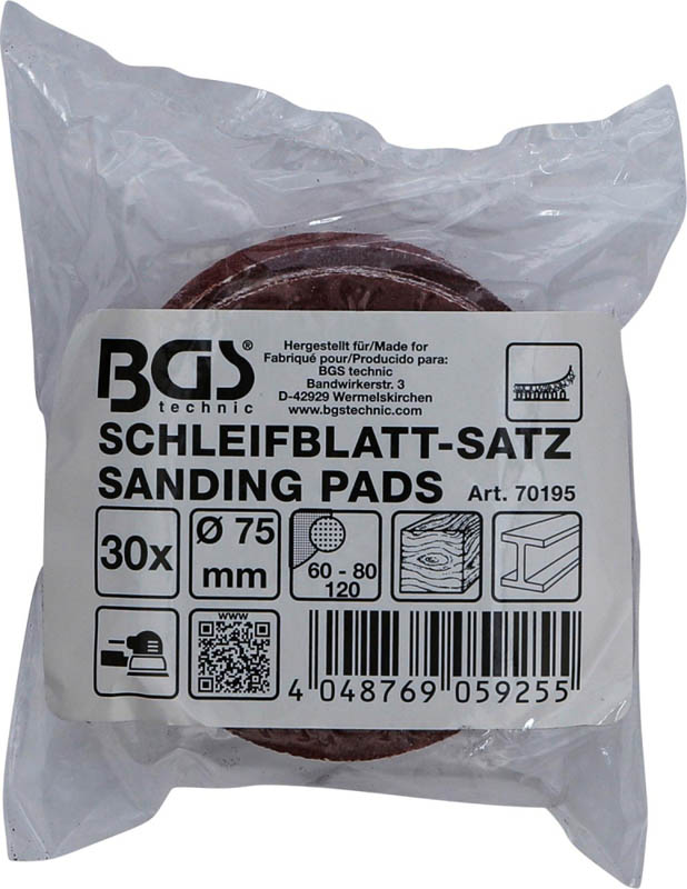 Schleifblatt-Satz für Exzenterschleifer | Ø 75 mm | K 60 - 80 - 120 | 30-tlg. BGS 70195