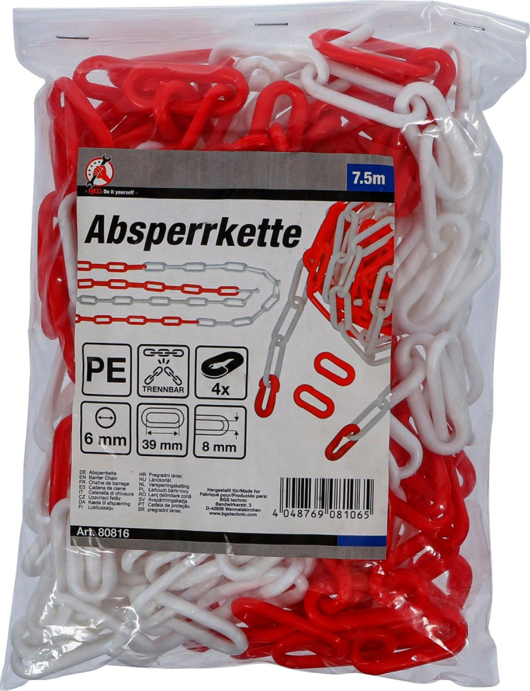 Absperrkette | rot / weiß | 4 Karabiner | Kunststoff | 7.5 m BGS 80816