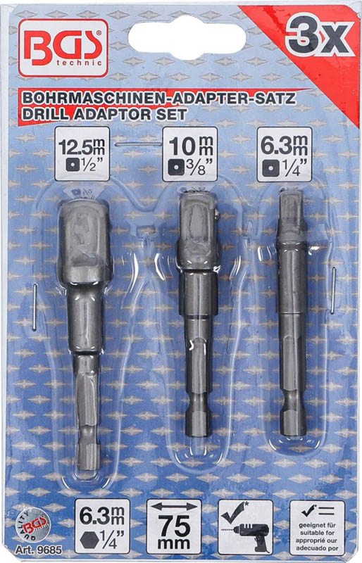 Adapter-Satz für Bohrmaschinen | Außensechskant Antrieb 6.3 mm (1/4") | Abtrieb Außenvierkant 6.3 mm (1/4"). 10 mm (3/8"). 12.5 mm (1/2") | 3-tlg. BGS 9685